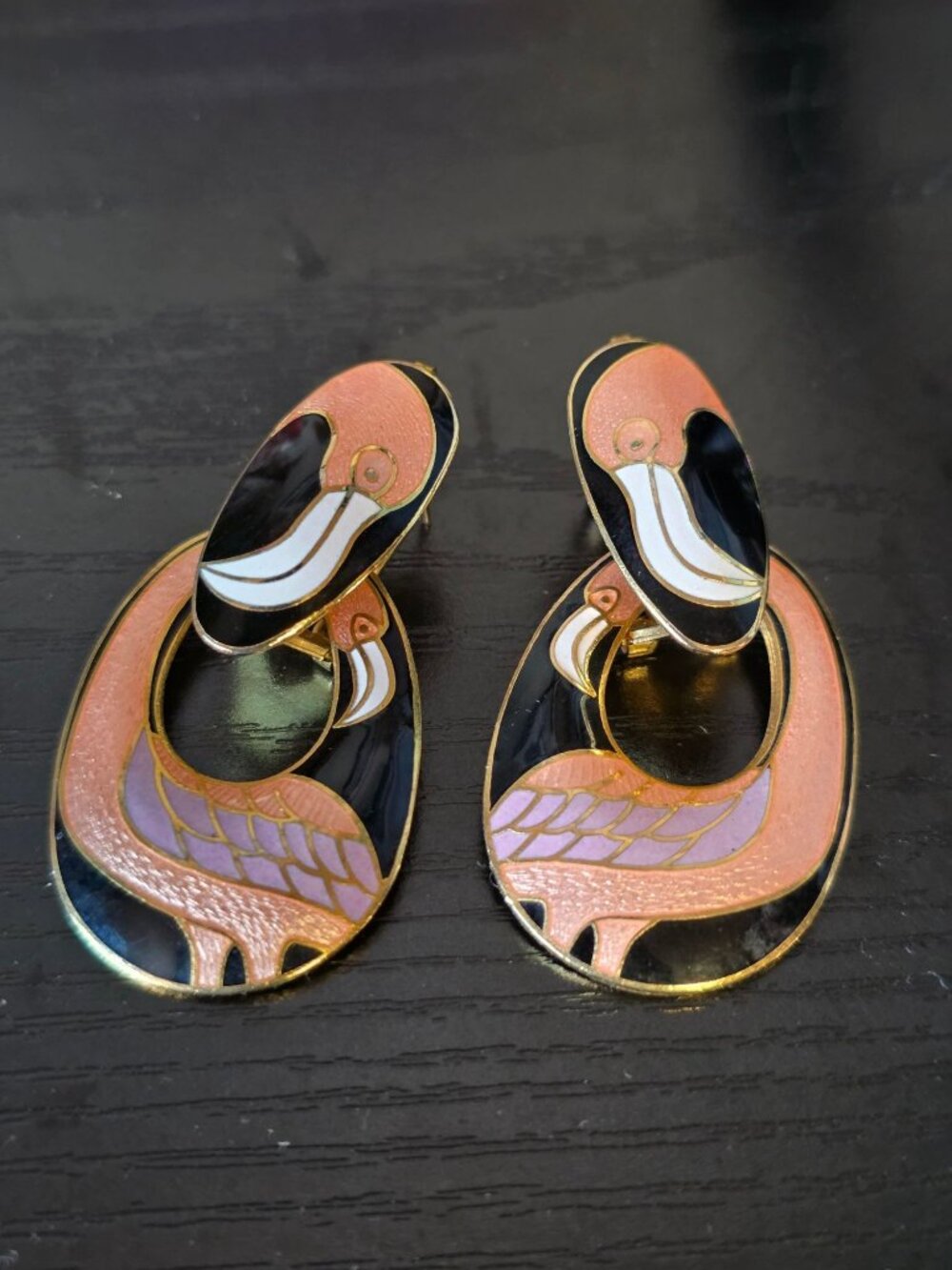 Vintage Reno Cloisonné Drop Earrings With Flamingo Design Gold-Tone Backing Ligh
